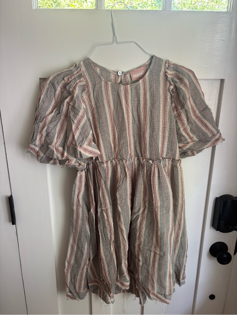 Show Me Your Mumu- Striped Puff Sleeve Midi Dress - Neutral Pink & Sage